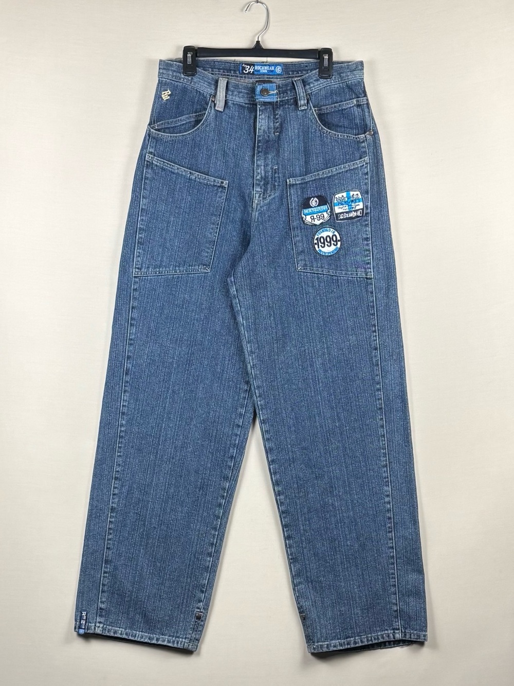 Rocawear Y2K Baggy Jeans 34x34 Wide Leg Hip Hop Patch Denim Vintage 2000s